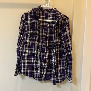 Purple white and silver plaid button down shirt